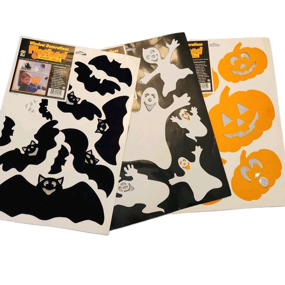 Vtg 90s Halloween Window Color  Clings Lot 3 Fuzzy Flocked Ghosts Bats Pumpkins